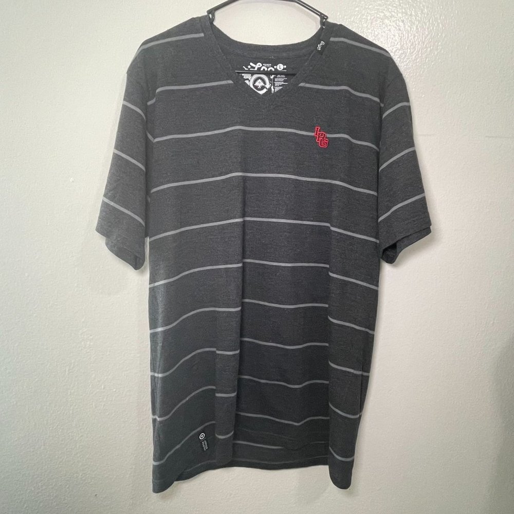 LRG Brand T-Shirt V-Neck Striped Shirt, Charcoal Grey - L